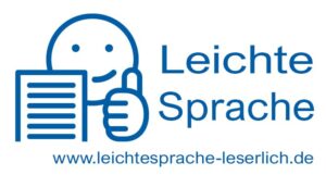 Auf einer Grafik ist ein lächelndes Emoticon zu sehen, das den Daumen hoch zeigt und daneben steht: "Leichte Sprache www.leichtesprache-leserlich.de"